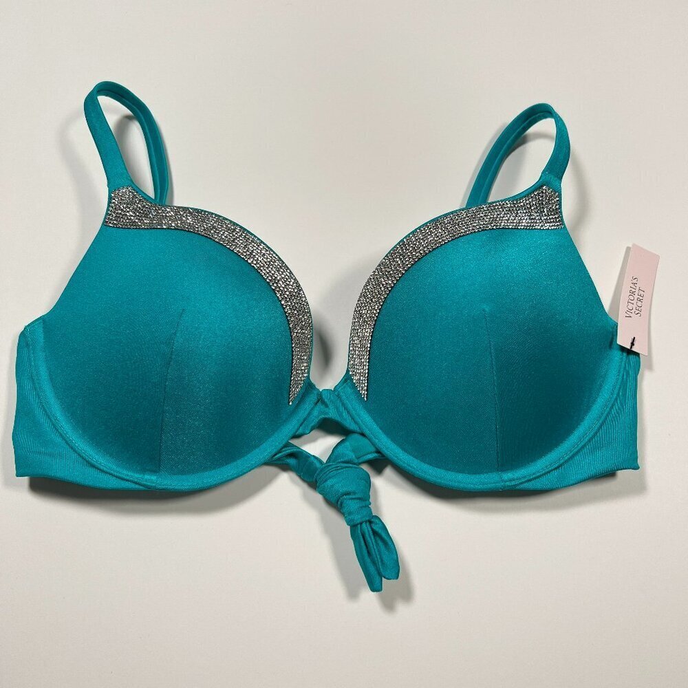 Victoria Secret 36DD VERY SEXY Push Up Bikini Top Shine Back Tie Capri Sea Blue